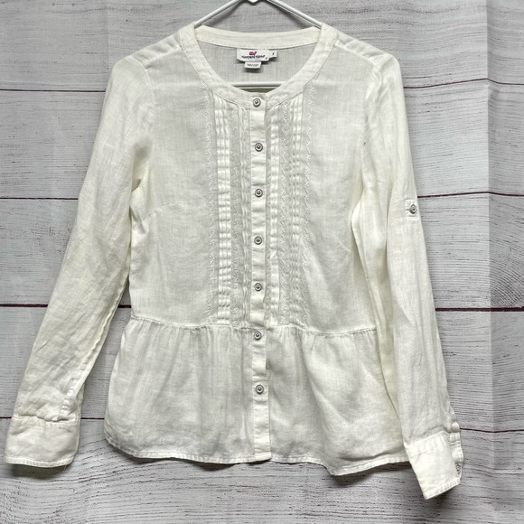 Vineyard Vines Tops - Vineyard Vines Linen Embroidered Pleated Button Front Peplum Shirt Size 2